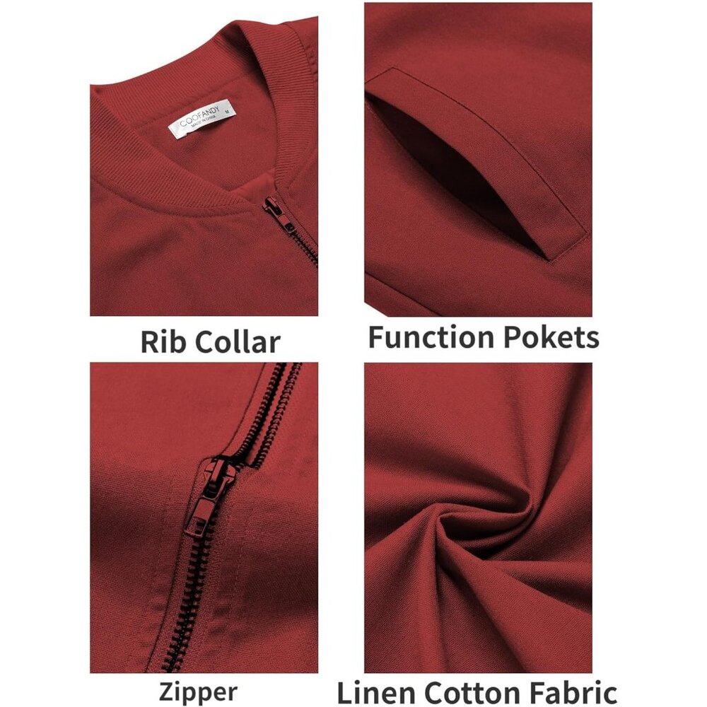 Men's Casual Cotton Bomber Jacket Dark Red Lightweight Flight Softshell - Picture 5 of 5